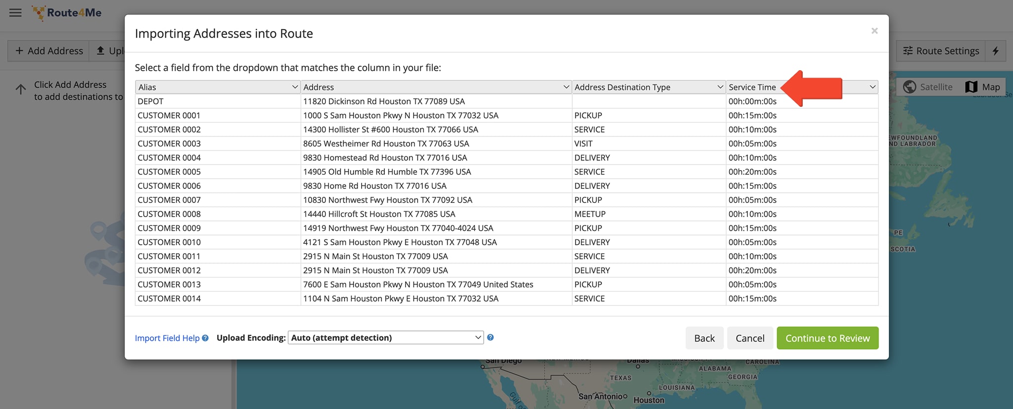 In the 'Importing Addresses into Route' window you can confirm the system accounts for Service Time specifications. 