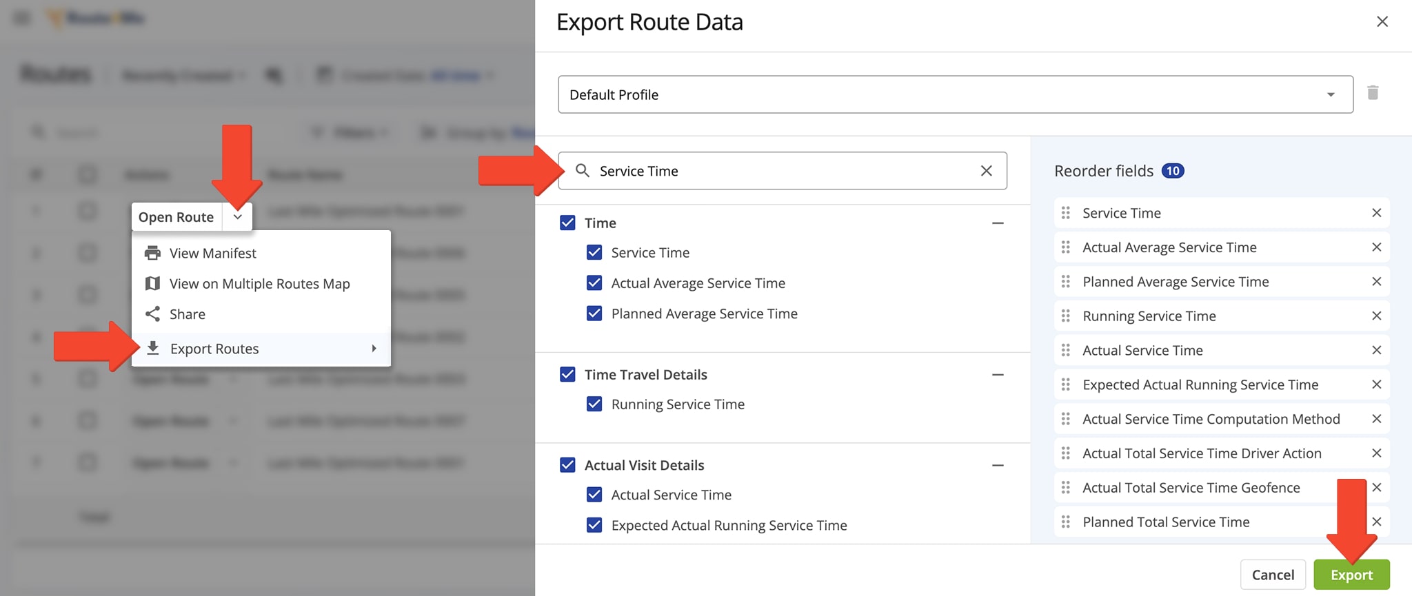 In the 'Field Search' filter search for 'Service Time' to select specific types of Service Time data to export.