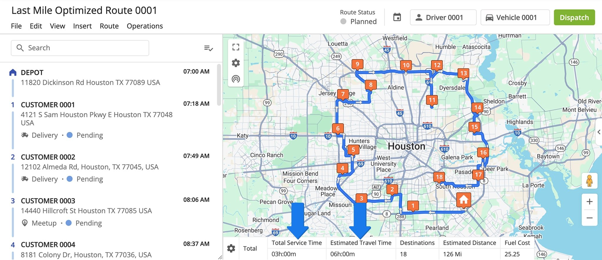 The system automatically updates the route to reflect your Service Time and Travel Time Slowdown adjustments.