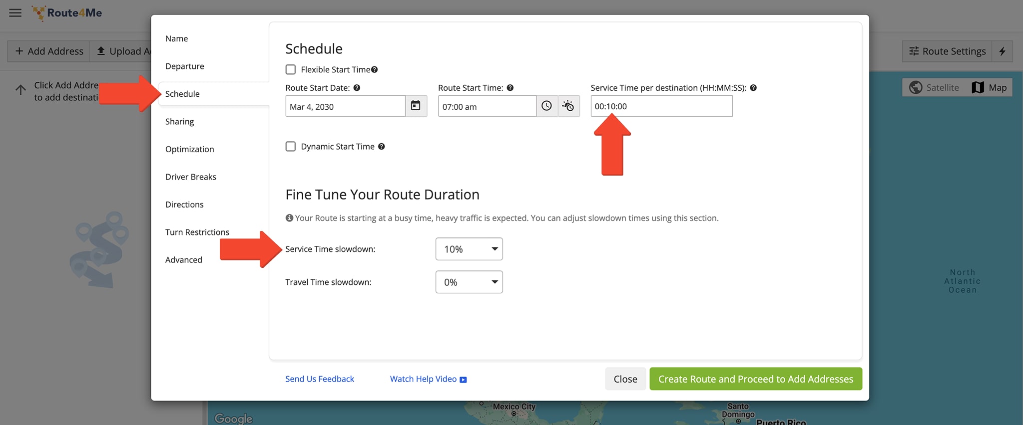 Enter Service Time specifications or extend all Service Times by setting a Service Time Slowdown percentage.