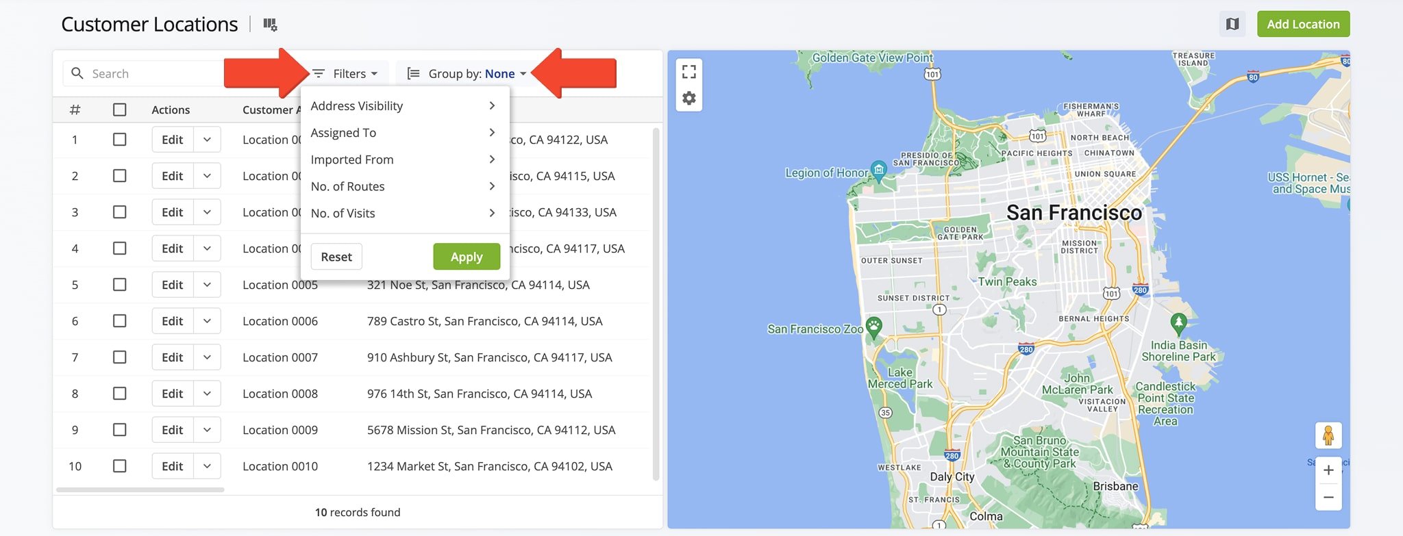 If you have many Customer Locations, click 'Group by' to quickly search for specific customers.