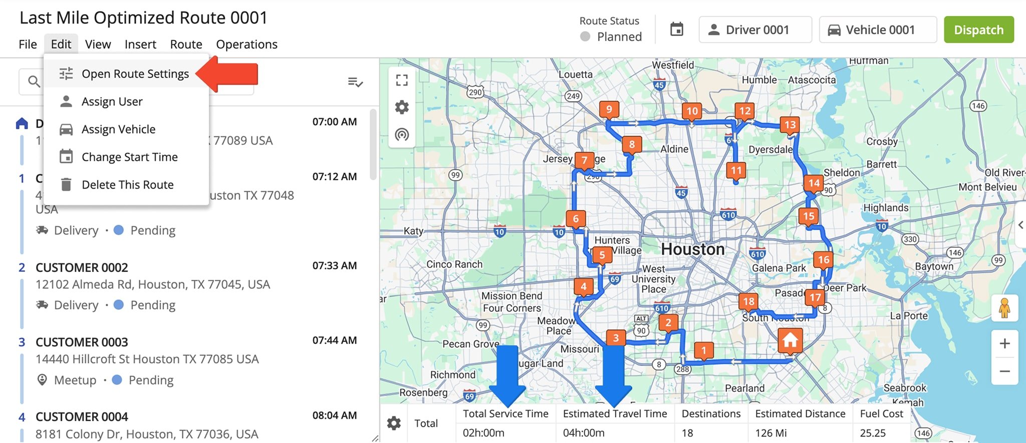 Modify planned routes by adjusting traffic delays through the 'Open Route Settings' option.