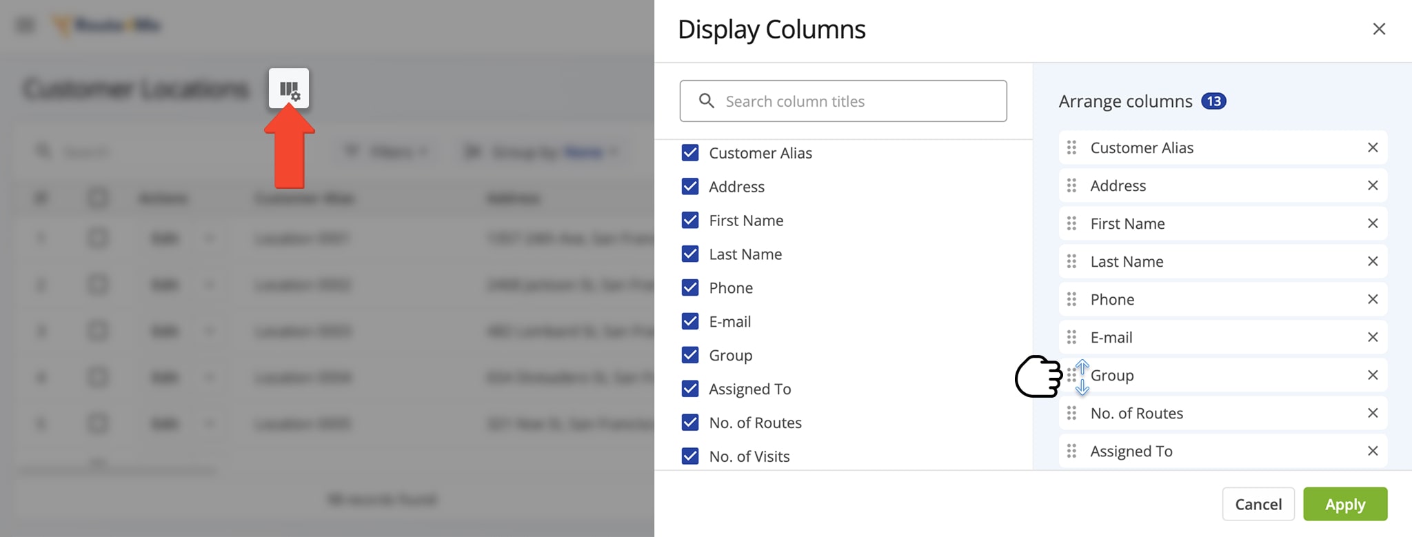 Click the Columns Icon to open the Display Columns Panel and customize which columns appear and their order on your Customer Locations page. 