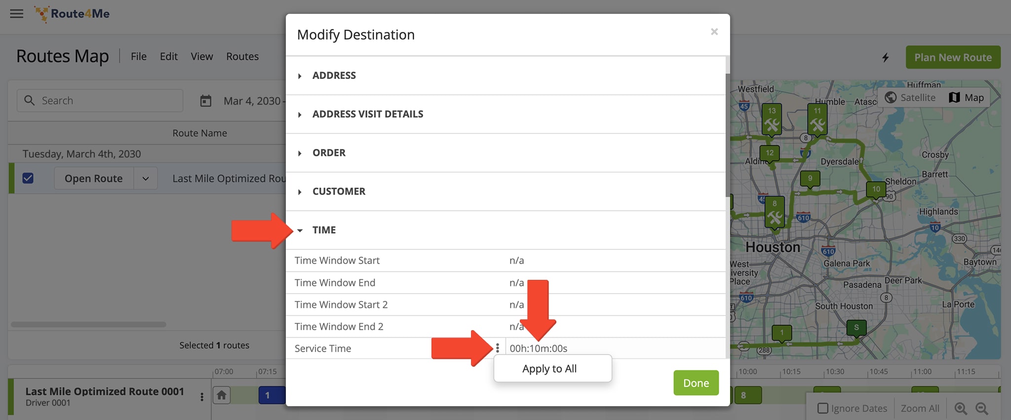 Right-click a destination in the Time Line or Interactive Map, select 'Modify Destination', and adjust the Service Time field.