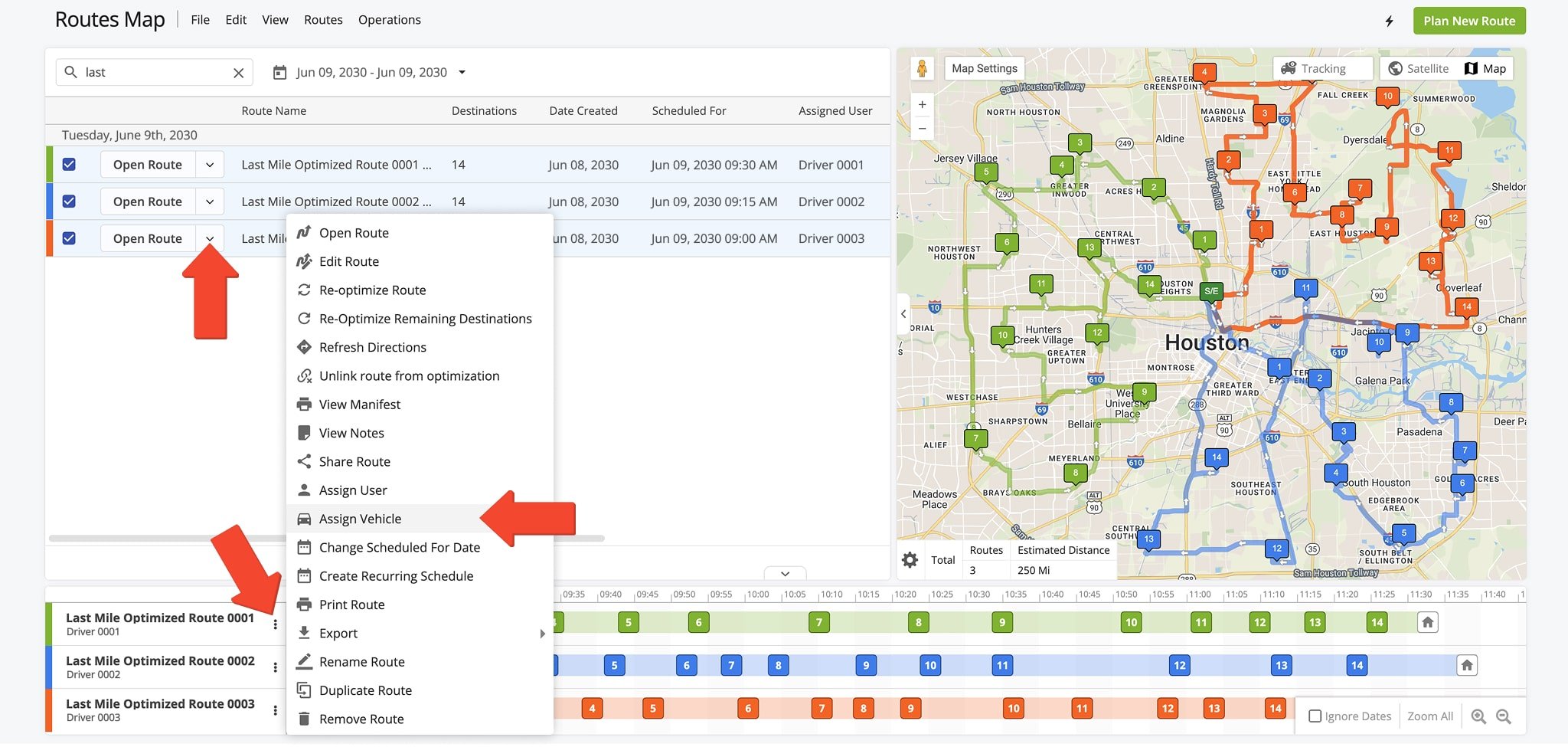 Dispatch vehicles from the Routes Map by selecting 'Assign Vehicle' from the down arrow button.