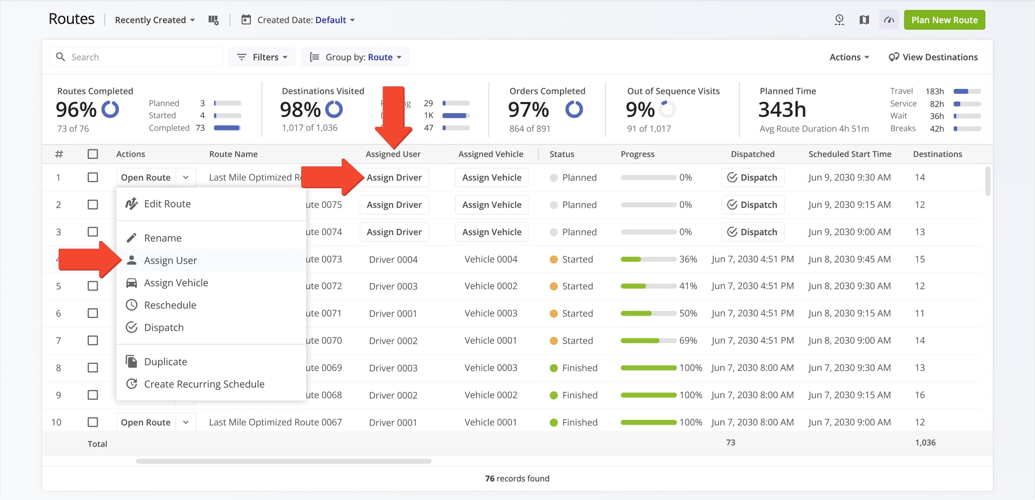 To dispatch routes, select 'Assign User' or 'Assign Driver' to automatically assign a team member. 