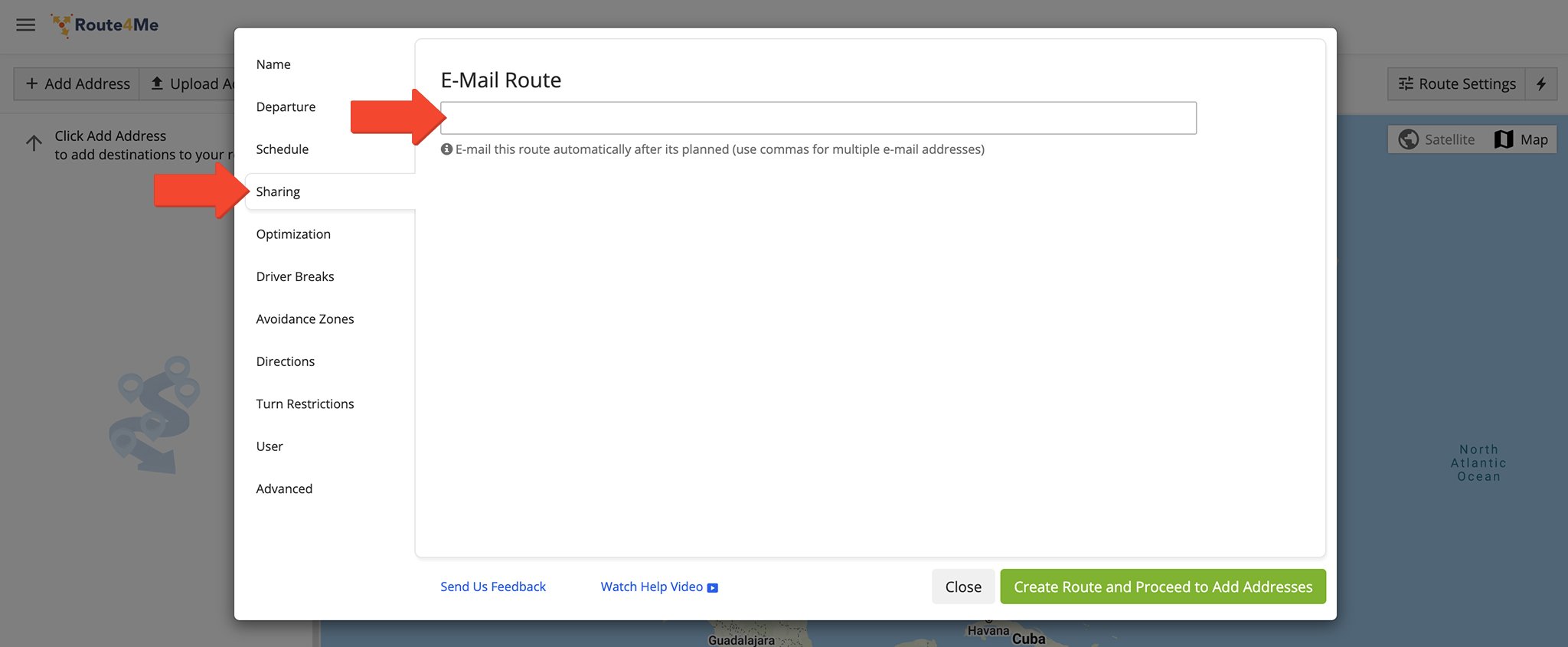 In Route Settings, click 'Sharing' to share routes with others.