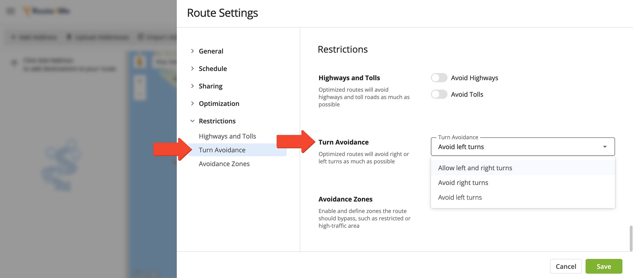 Use manual settings to plan routes that avoid left or right turns by customizing optimization options.