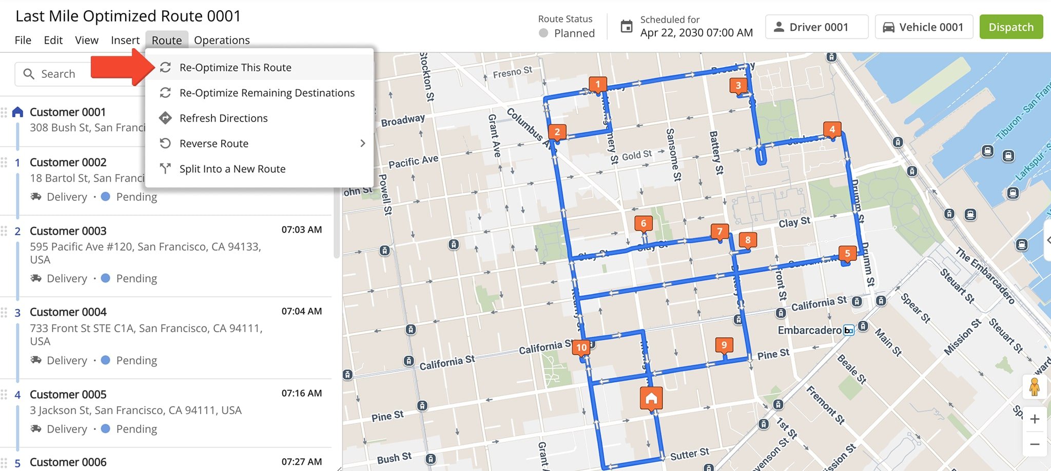 Re-optimize the route after enabling Turn Avoidance for the most efficient stop sequence.