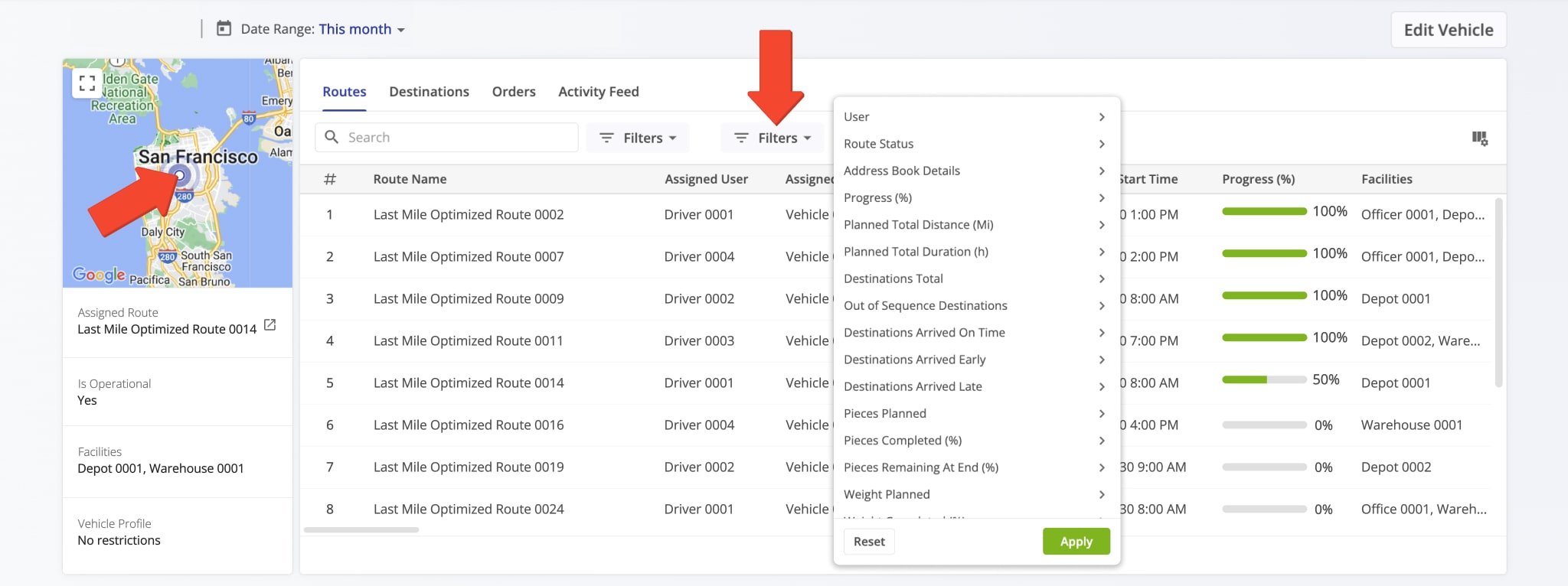 After assigning a vehicle to a route, the Vehicle Snapshot displays the vehicle's last synced location and key metrics.