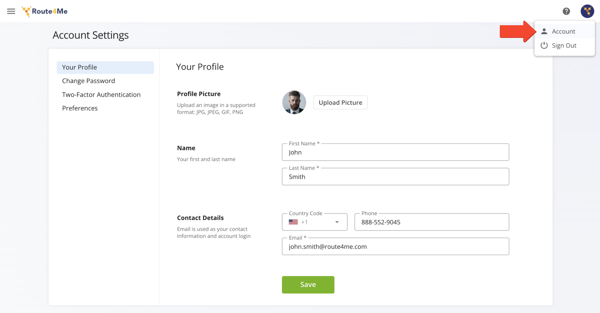 From the Profile section, update personal details and change your password.