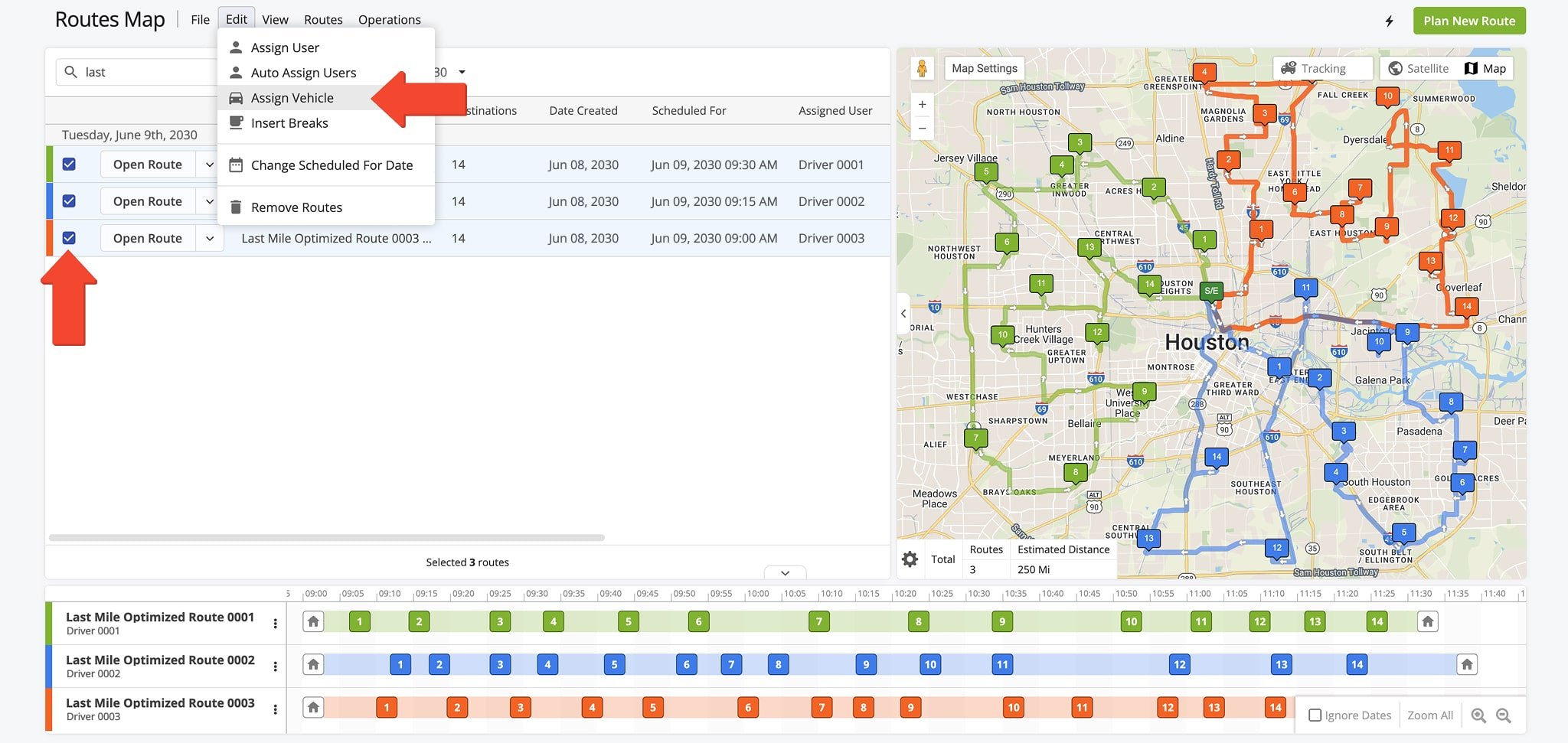 Dispatch a vehicle to multiple routes by selecting them and clicking 'Assign Vehicle'.