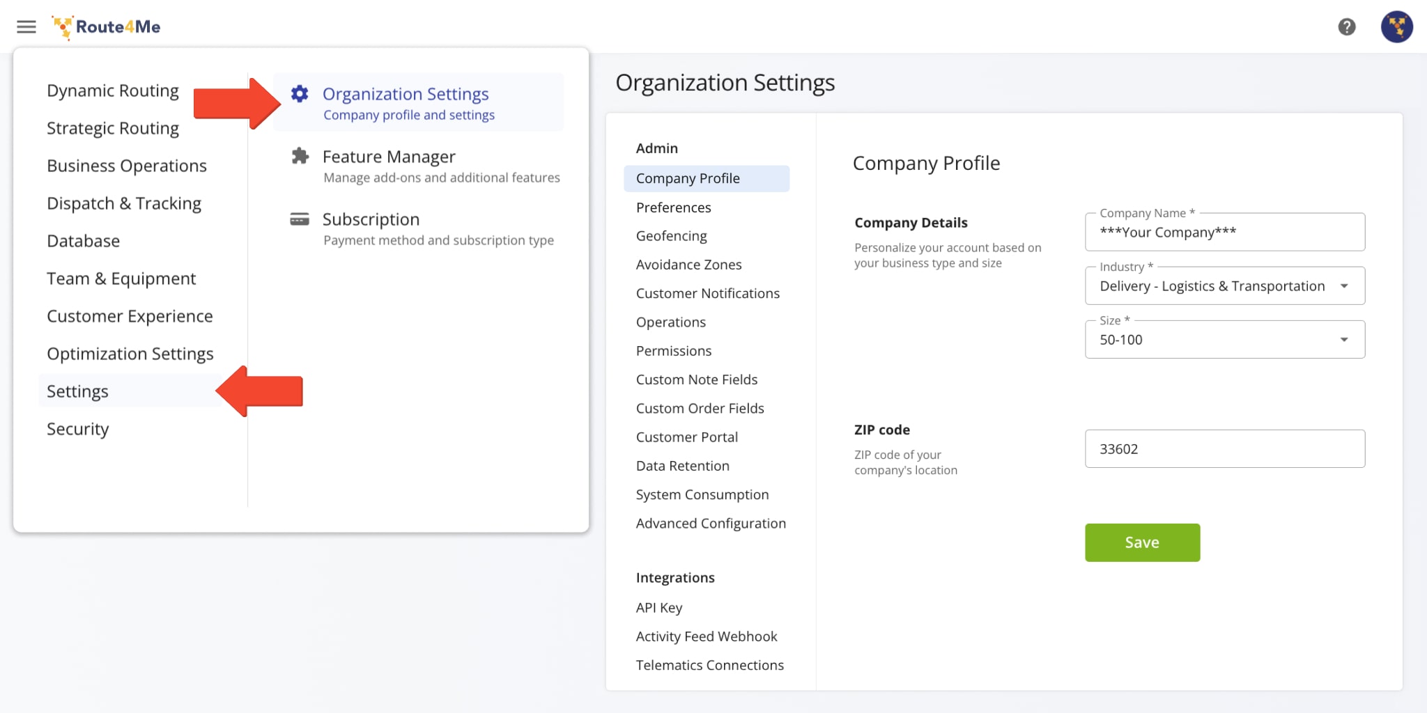 To open your organization settings, go to Settings > Organization Settings from the Route4Me Main Menu.