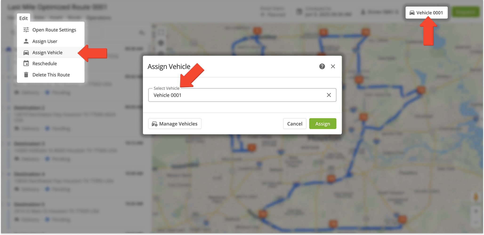 Assign a vehicle in the Route Editor by selecting 'Assign Vehicle' and entering its alias.