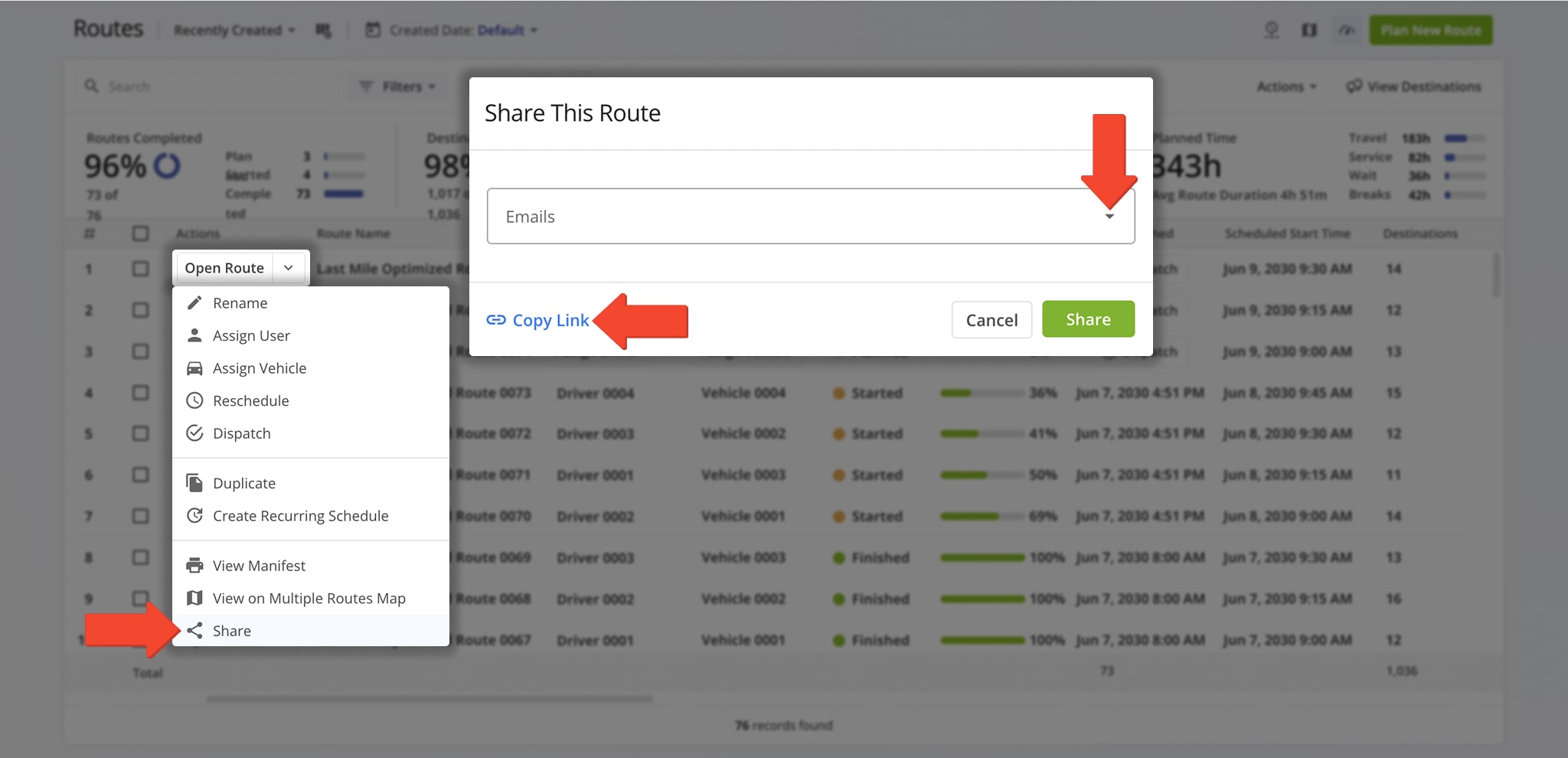 From the Routes List, share routes by sending a view-only link or emailing them directly to others.