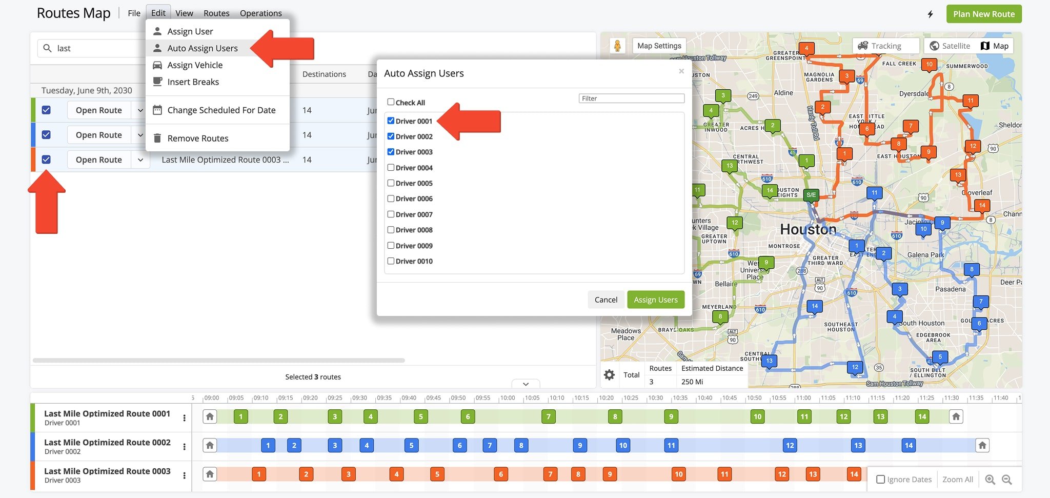 Use 'Auto Assign Users' to automatically distribute routes to selected Team Members.