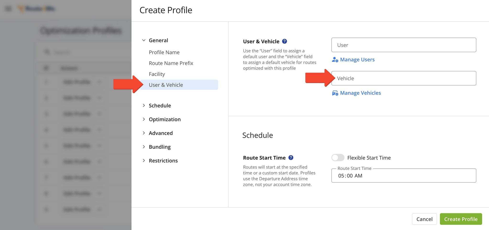 In the Optimization Profile editor, enter a vehicle name to auto-assign it to a route.