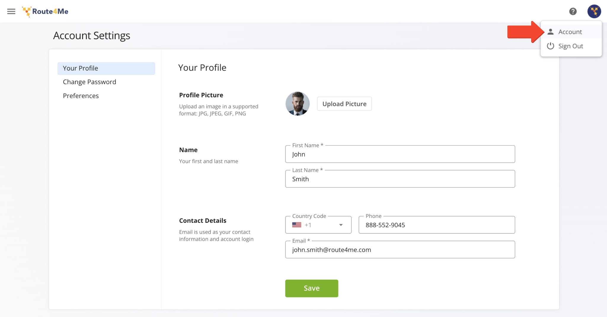 From the Profile section, update personal details and change your password.