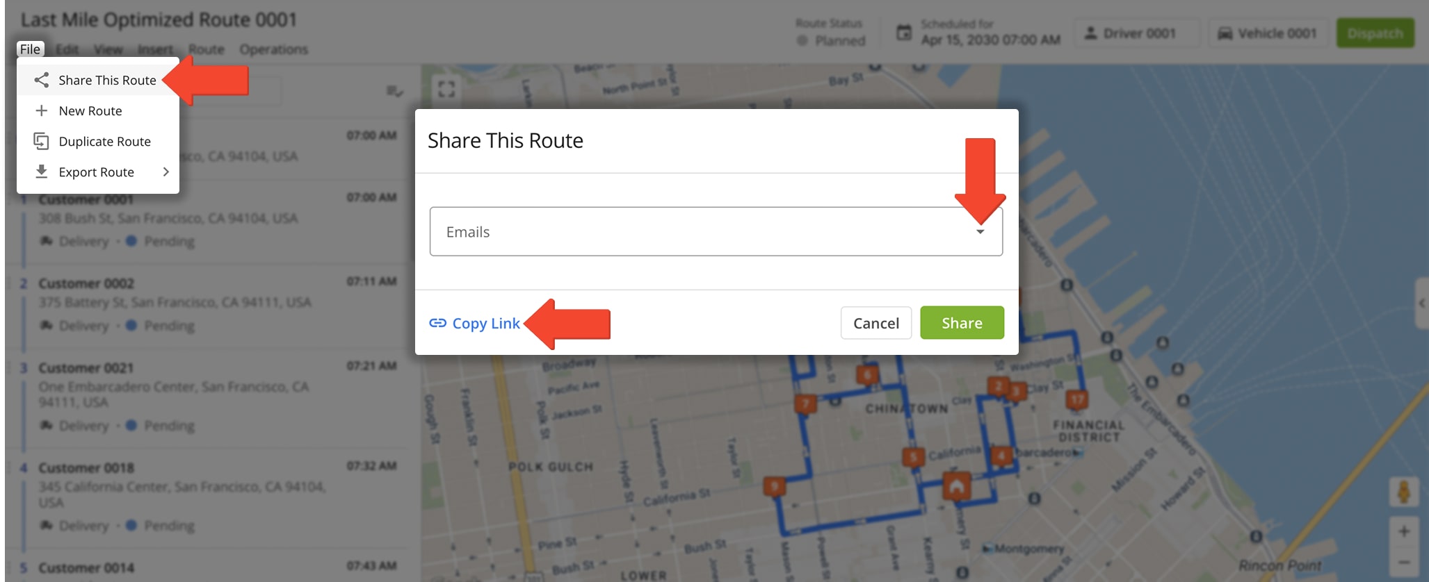 In the Route Editor, click 'Share This Route' and copy the link to share.