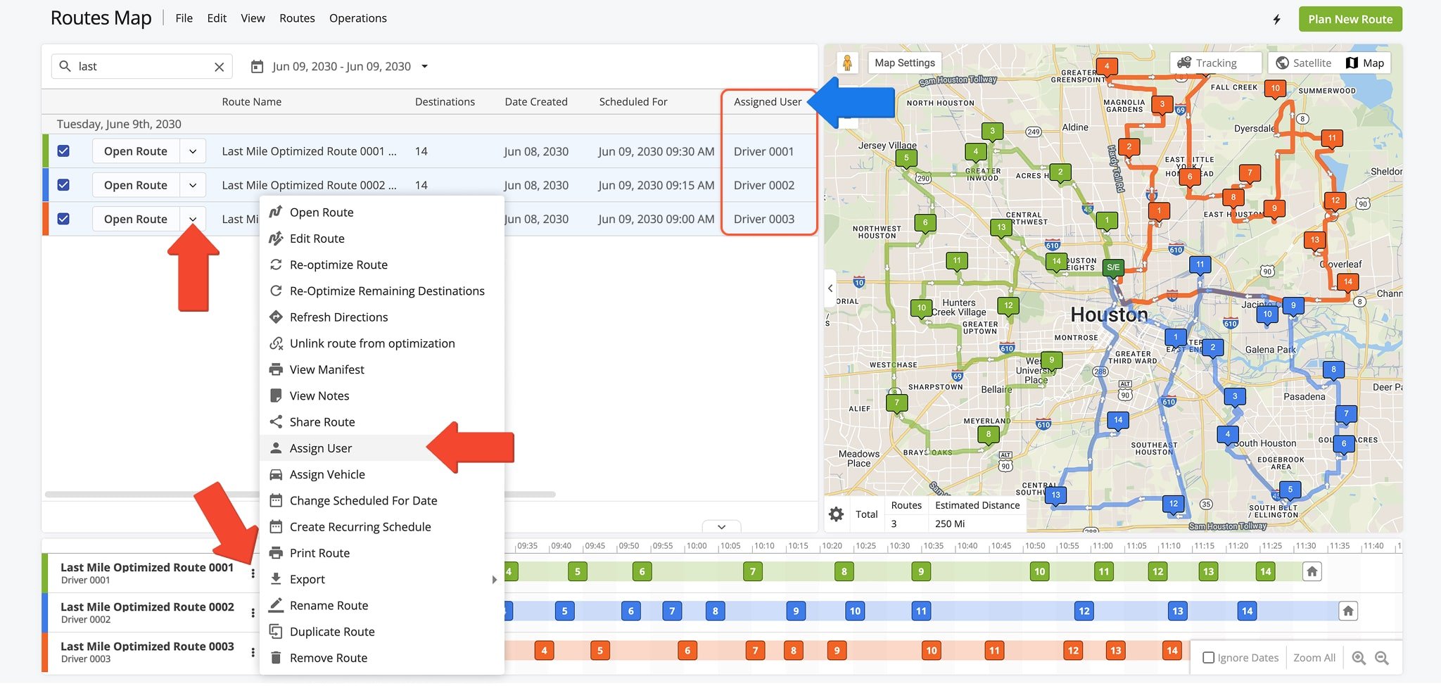 From the Routes Map, select 'Assign User' to assign a team member to a route.