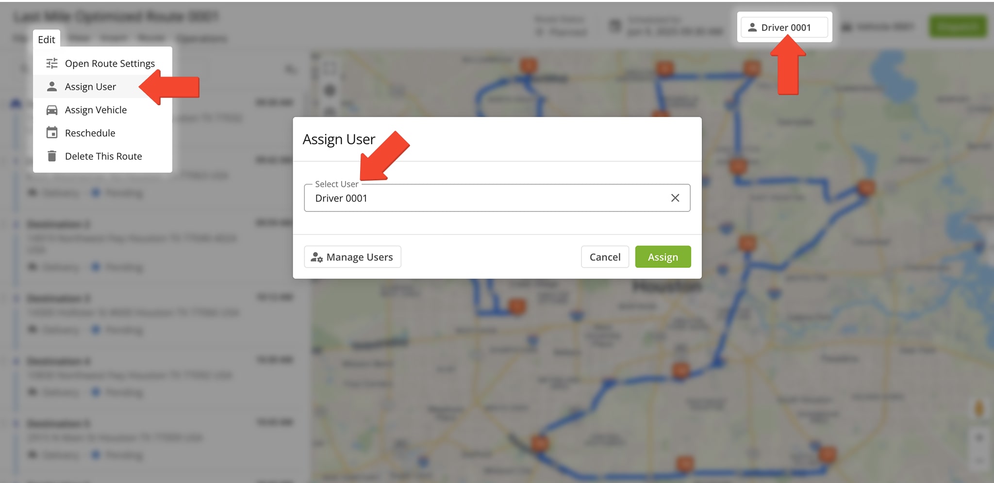 To dispatch a route to a driver from the Route Editor, enter a name and the user will appear in the 'Assigned User' field.