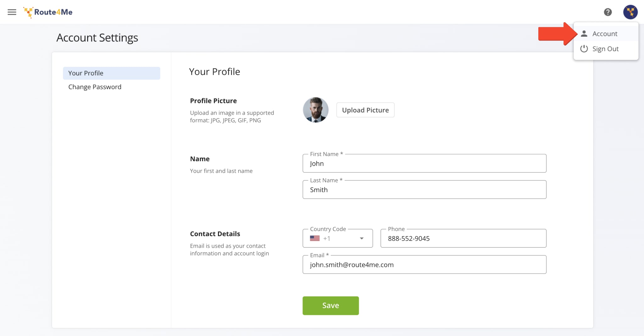 From the Profile section, update personal details and change your password.