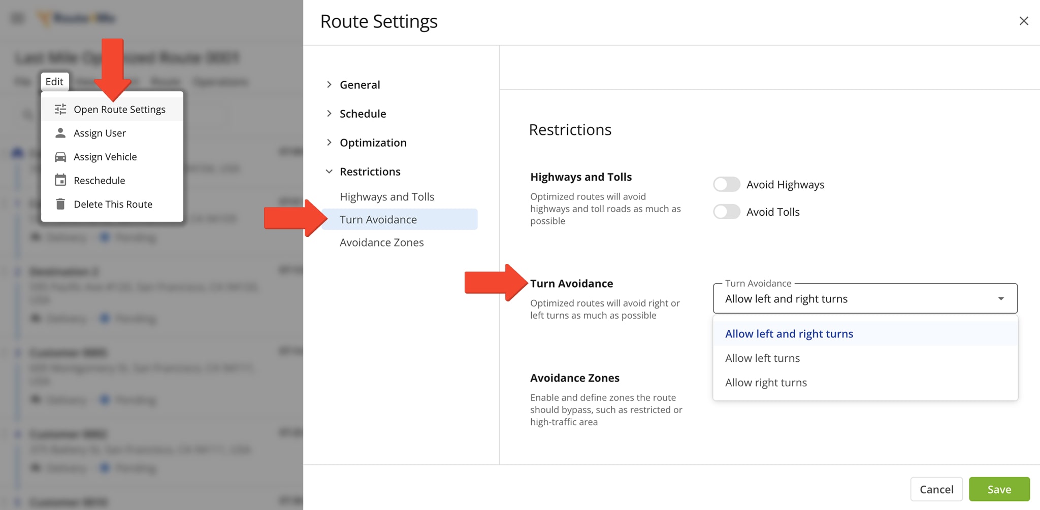 Re-optimize routes for turn avoidance in the Route Settings panel.