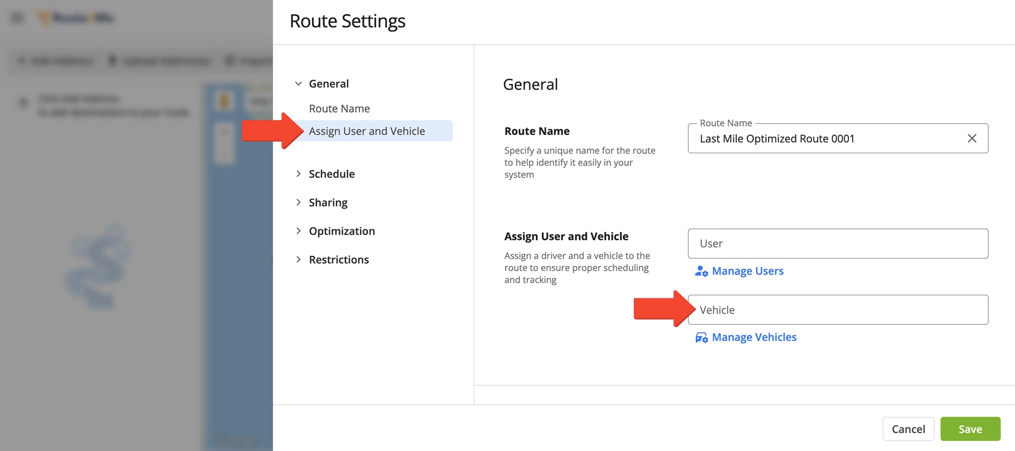 From 'Route Settings', enter the Vehicle's alias to assign it to a route automatically.