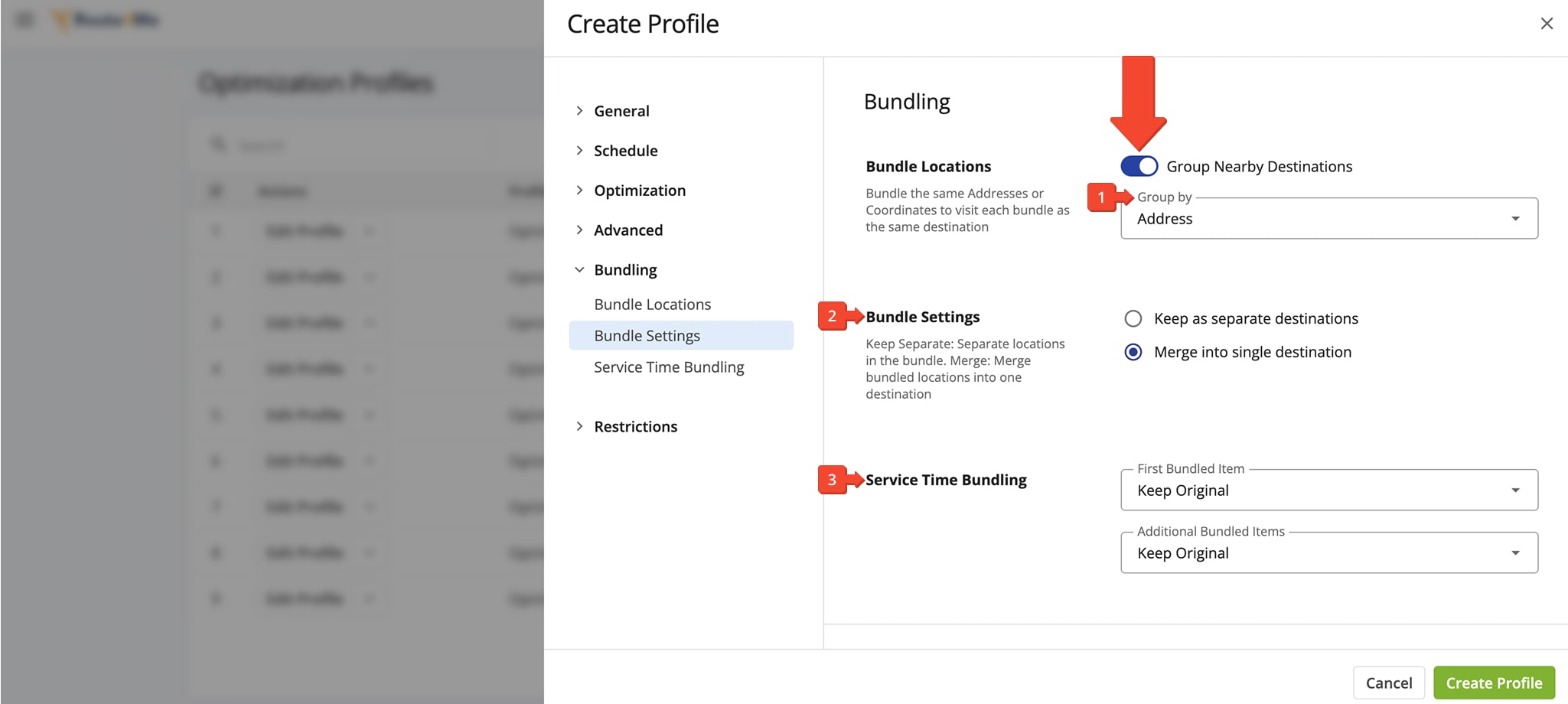 Toggle 'Group Nearby Destinations' to enable bundling, then set grouping criteria and adjust Service Time rules 