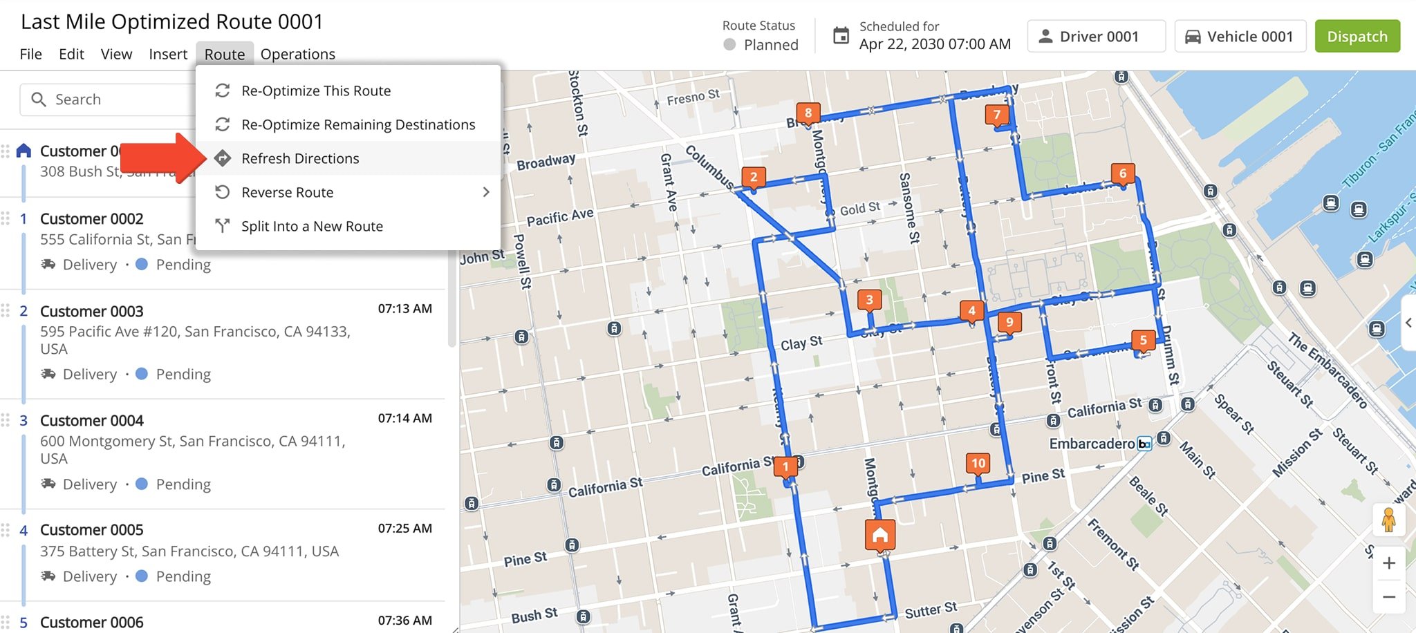 Apply Turn Avoidance by selecting 'Refresh Directions' to update route directions.