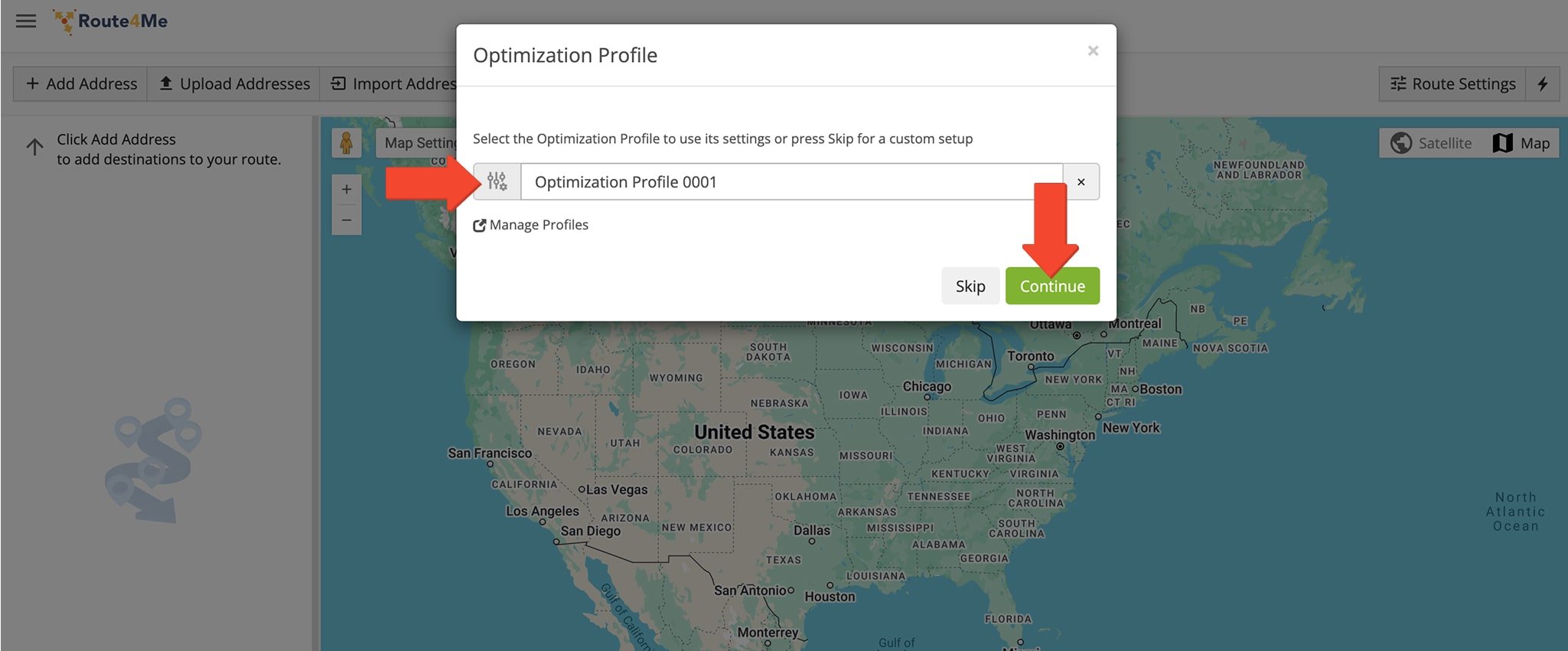 From Manual Optimization settings, you can start a new route and access custom optimization options. 