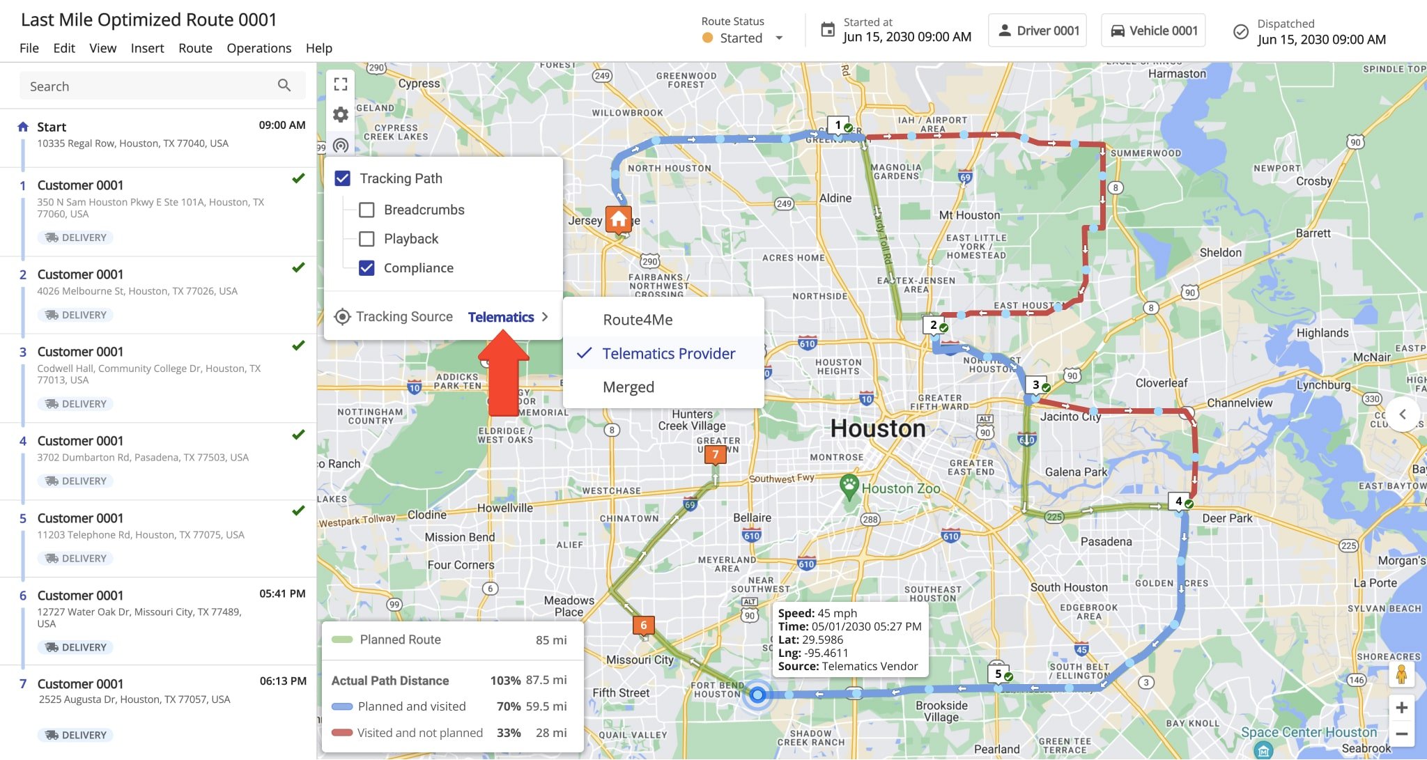 Track vehicle locations in real-time with GPS, monitor route compliance, and view tracking history through the Route4Me Mobile App.