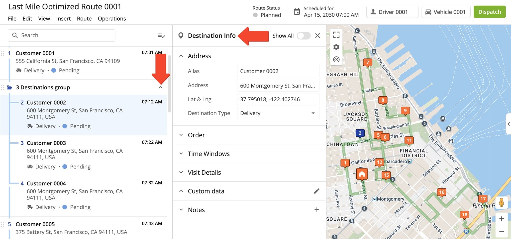 Route4Me organizes bundled stops into Destination Groups, keeping each stop’s details separate and easy to access.