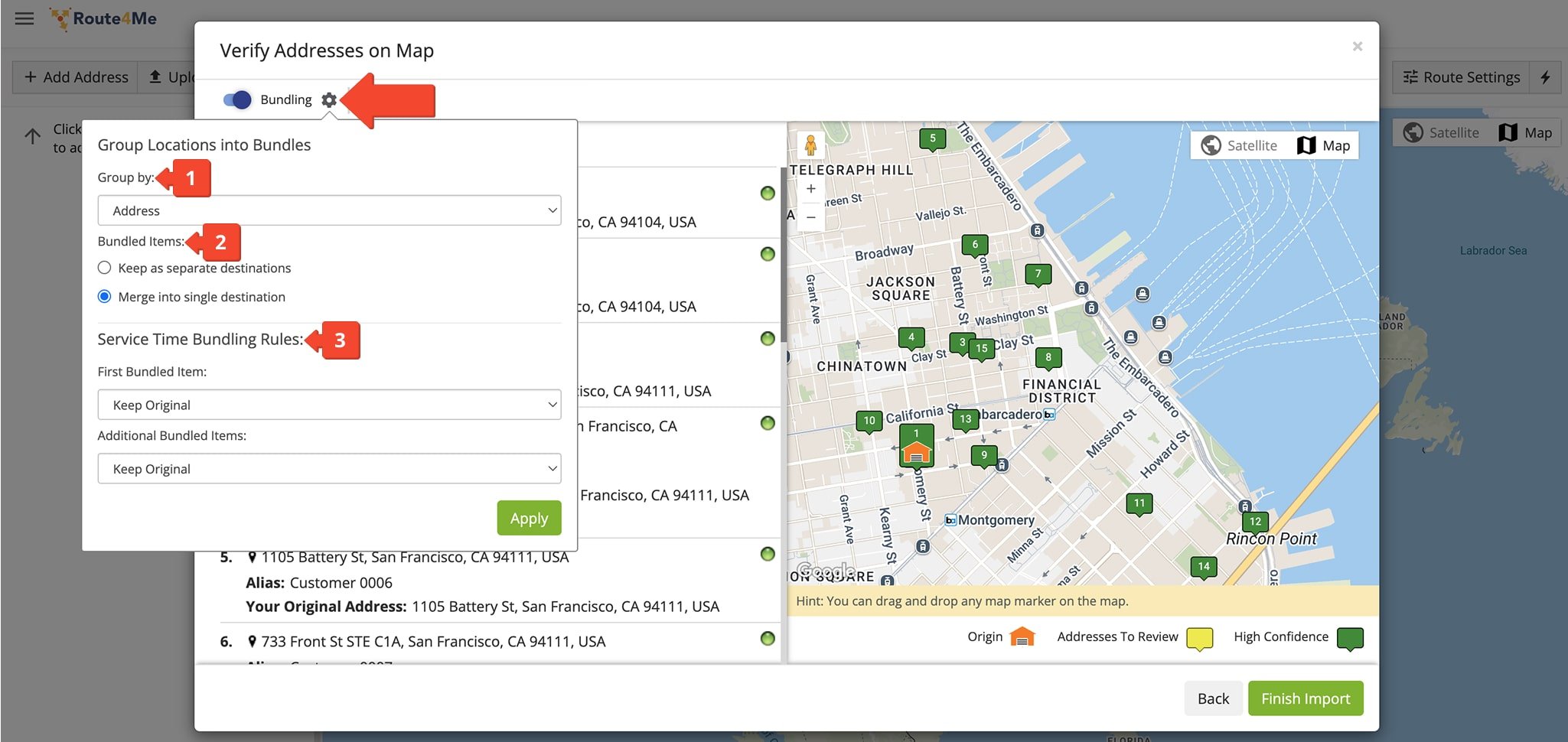 Click the Gear Icon to open bundling settings, choose how to group stops, and adjust Service Time rules for bundled destinations.
