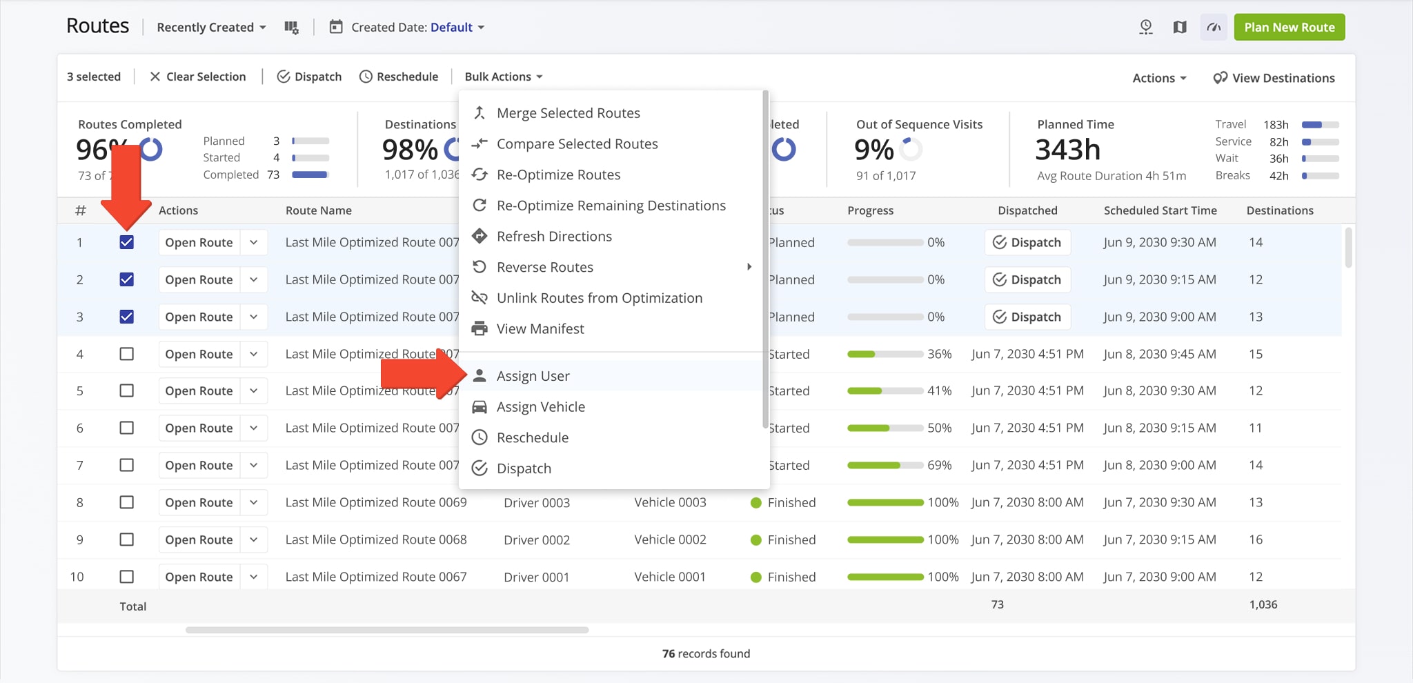 Select routes and click 'Assign User' to automatically assign the user to all routes.