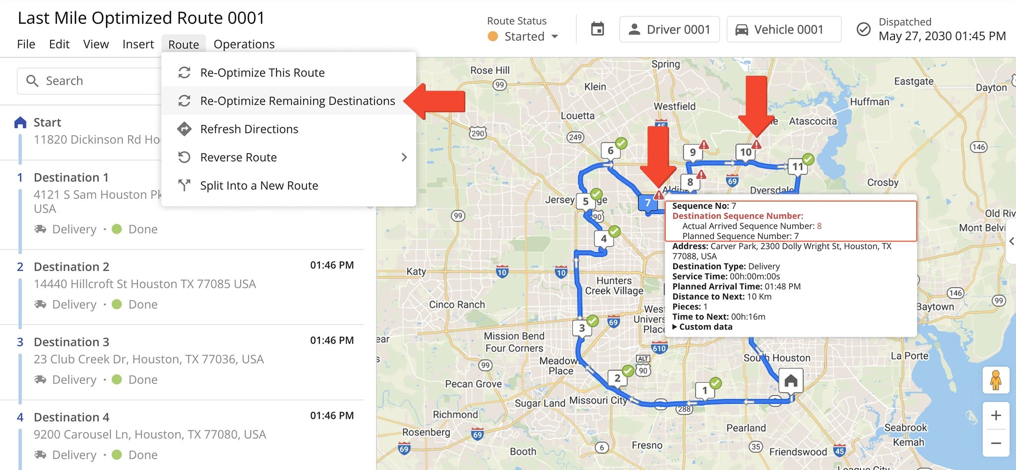 In the Route Editor, out-of-sequence destinations are marked with a red triangle.