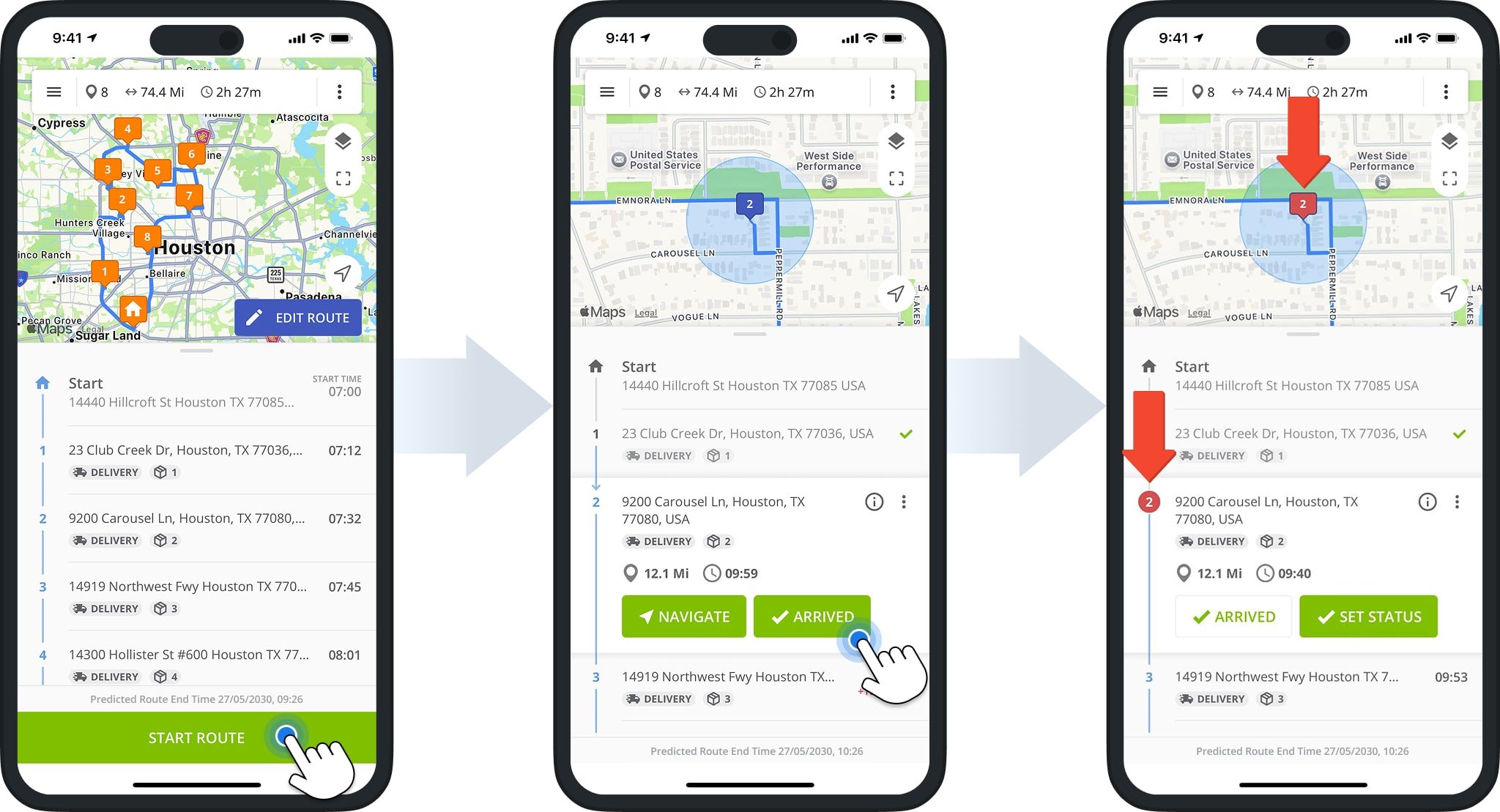 Drivers can mark a destination as 'Arrived' in the mobile app to visit it out of sequence.