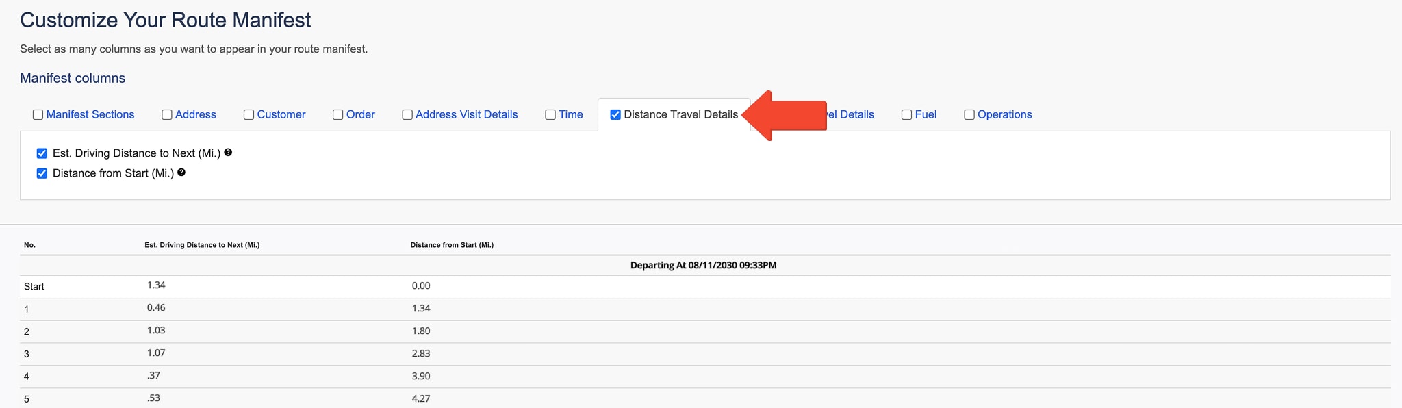 The Distance Travel Details section shows estimated driving distance to the next destination and total distance traveled from the start of the route.