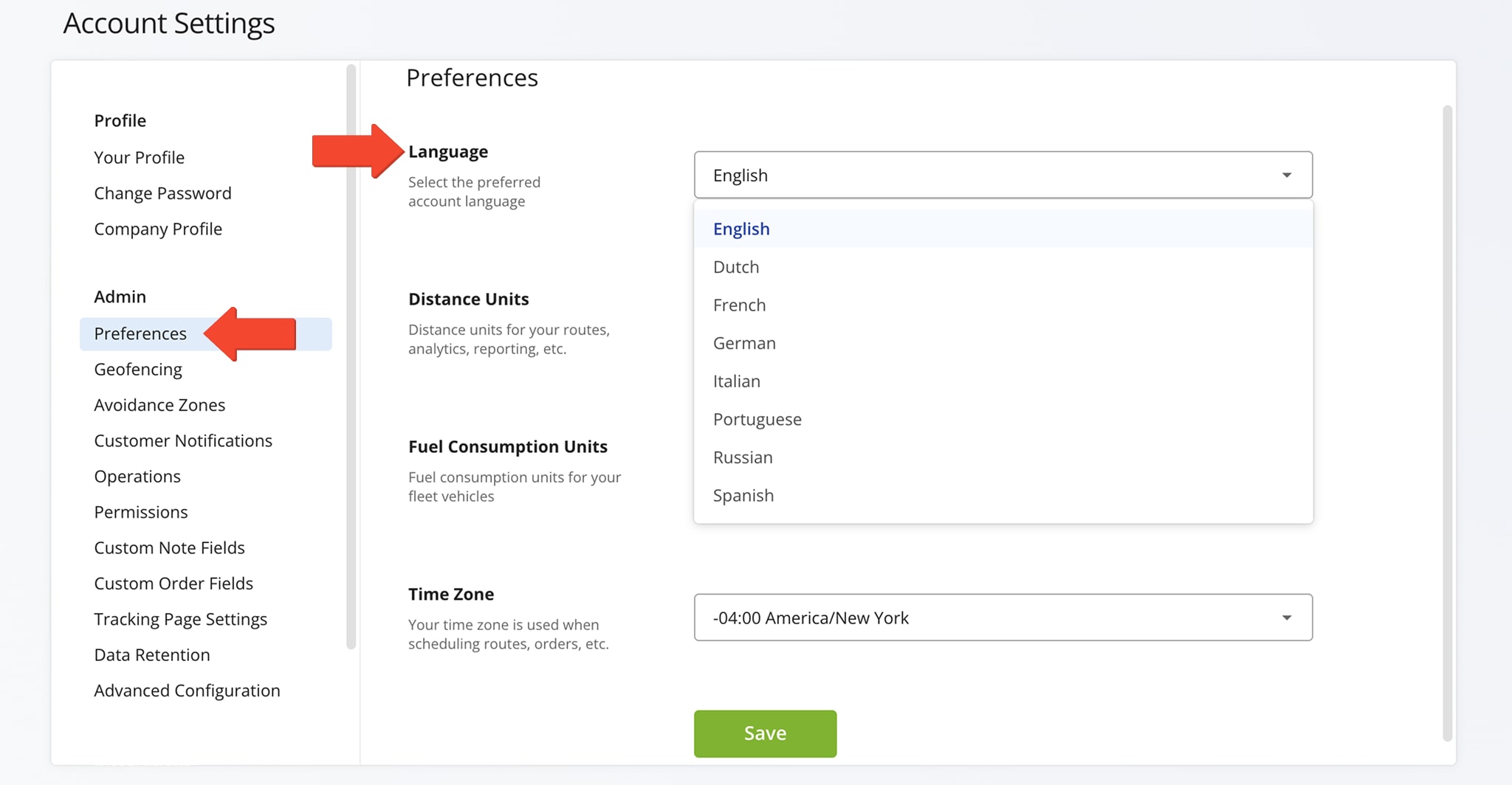 Route4Me Web Platform Software supported languages and language settings.