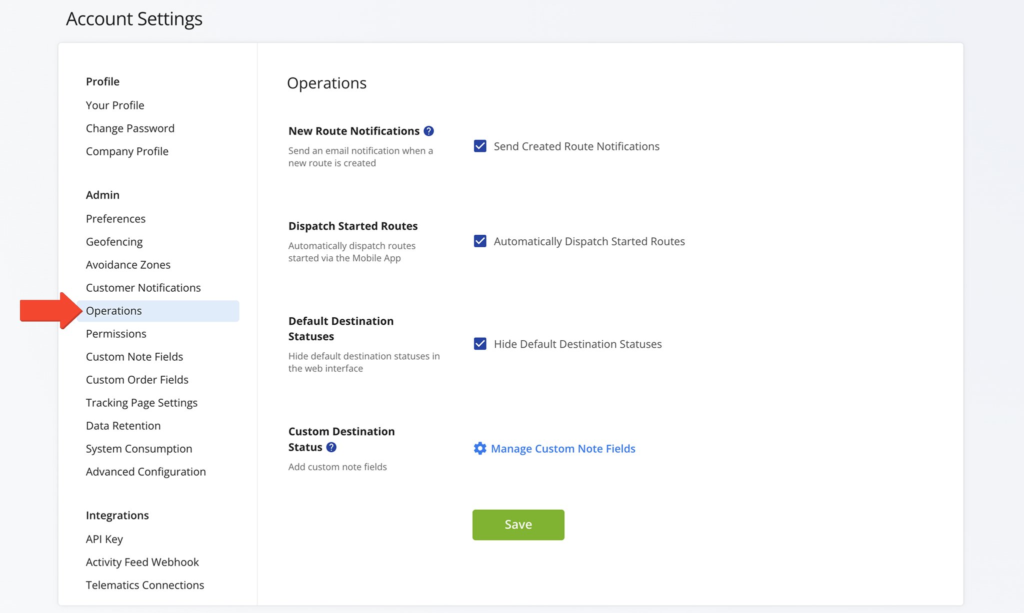 From the Operations tab, enable email notifications, auto-dispatch routes, hide default statuses, and create custom destination statuses.