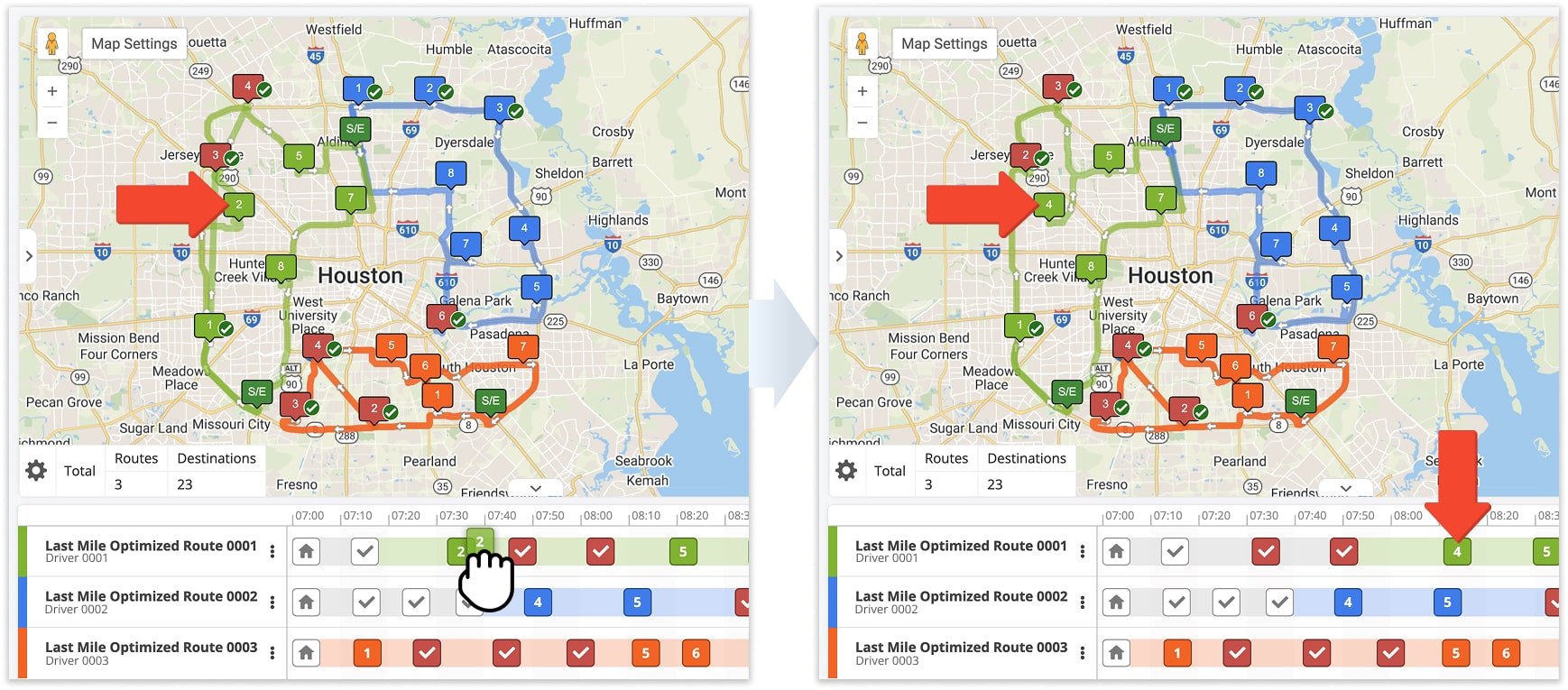 To manually adjust the sequence of Out of Sequence Destinations, click and drag a destination on the Time Line.