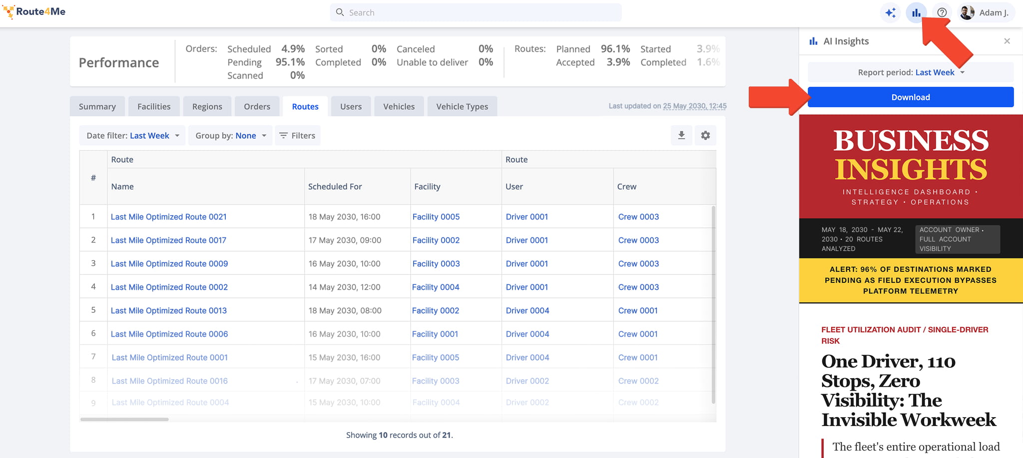 AI Insights generates a report analyzing Business Insights data for a selected reporting period.