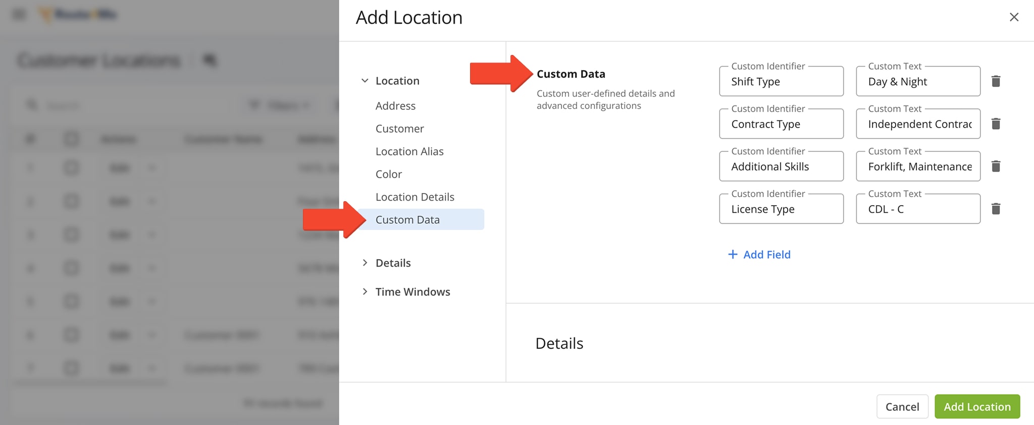 Add and manage Custom Data for Customer Locations in the centralized Customer Locations page.