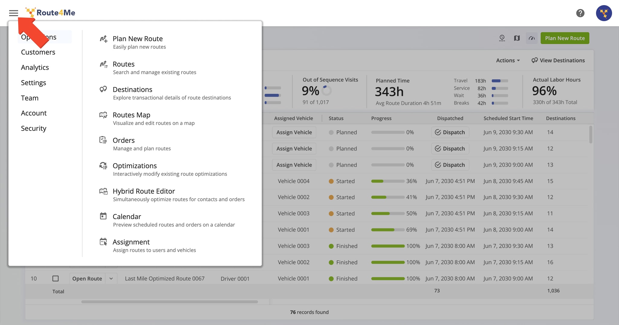 Your Route Planning and Optimization tools are organized by category in the Navigation Menu, giving you access to different features based on your needs.