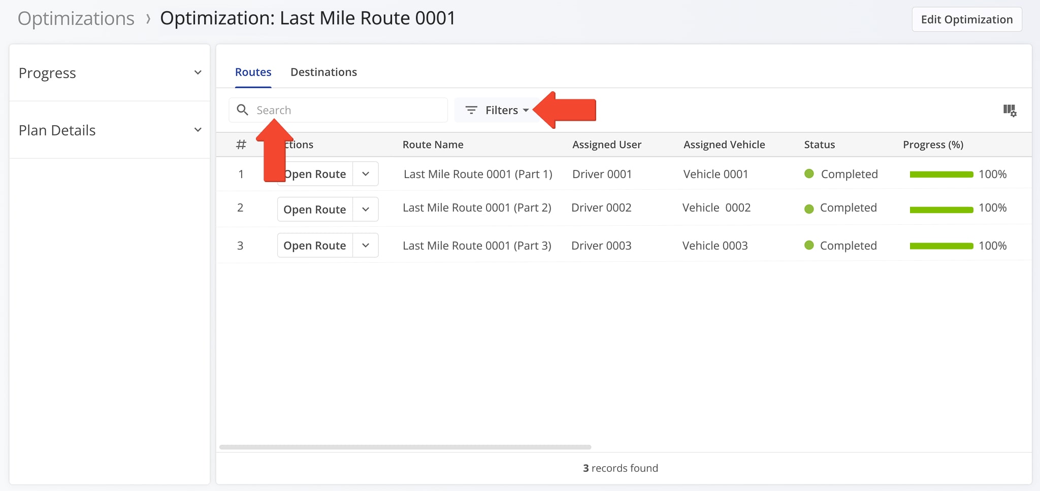 Use the Search field or Filters to quickly locate specific routes in the Optimization Snapshot based on selected parameters.