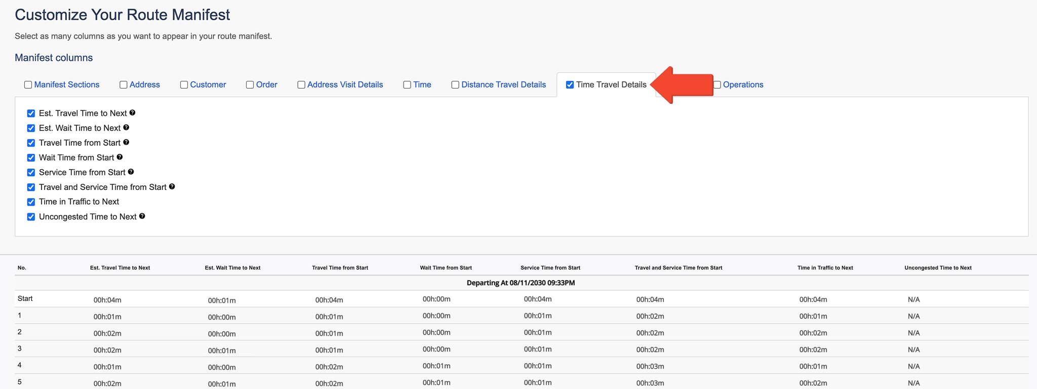 The Time Travel Details section displays travel and service time metrics, including estimated, cumulative, and traffic-adjusted times.