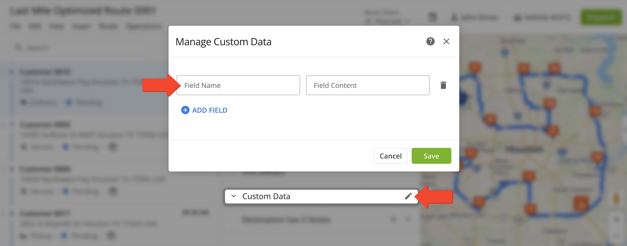 To add or edit Custom Data, open the stop’s manifest in the Route Editor, click the Pencil Icon, and enter field names and values.