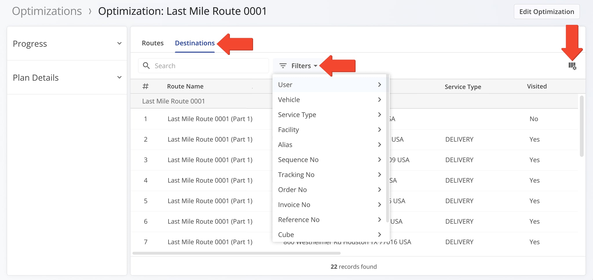 View and search destinations within the Optimization Snapshot by using the Destinations tab, Search feature, or Filters.