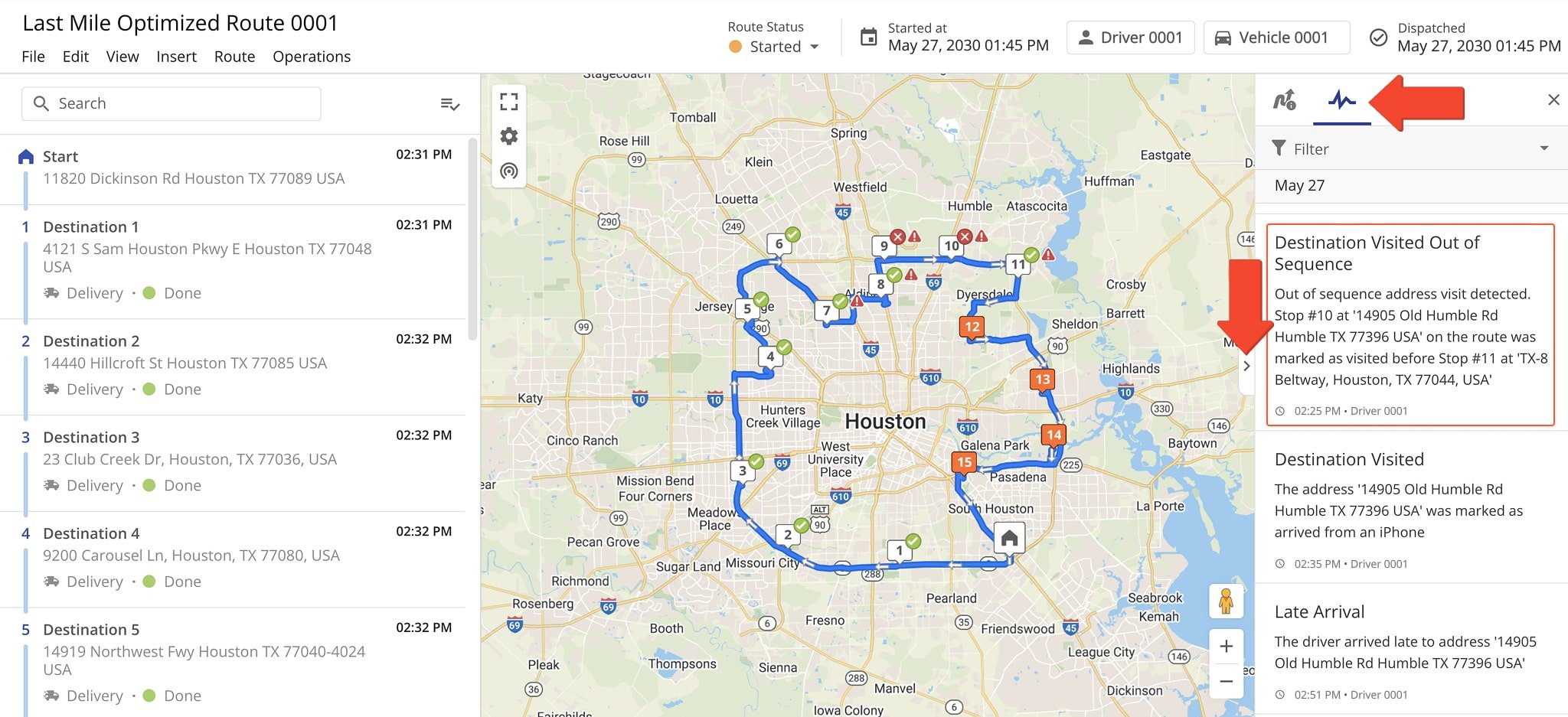 The Route Editor Activity Stream shows near real-time updates from assigned members, including when destinations are visited out of sequence.
