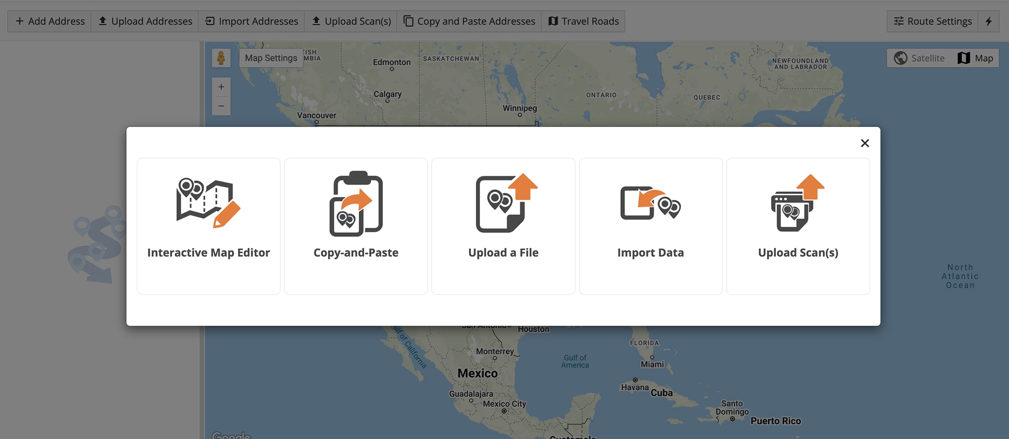 Upload spreadsheets with addresses, import addresses from cloud drives, enter addresses, or pick addresses from the map to plan last mile routes.